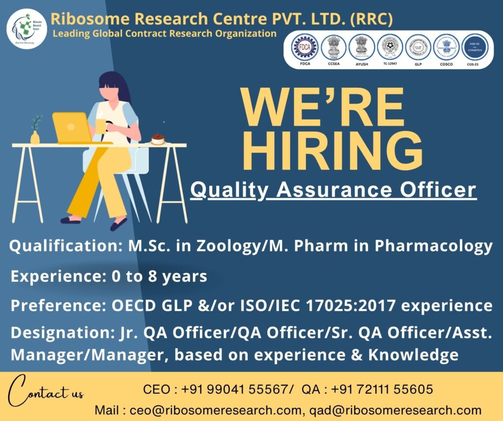 Quality Assurance Officer Job Opening at Ribosome Research Centre (RRC) | 0 - 8 years exp Quality Assurance Officer Job Opening at Ribosome Research Centre (RRC) | 0 - 8 years exp