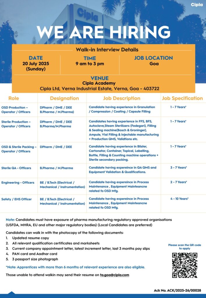 Cipla Walk-In Drive 2025: Production, Manufacturing, QA, Engineering, and EHS Jobs Cipla Walk-In Drive 2025: Production, Manufacturing, QA, Engineering, and EHS Jobs