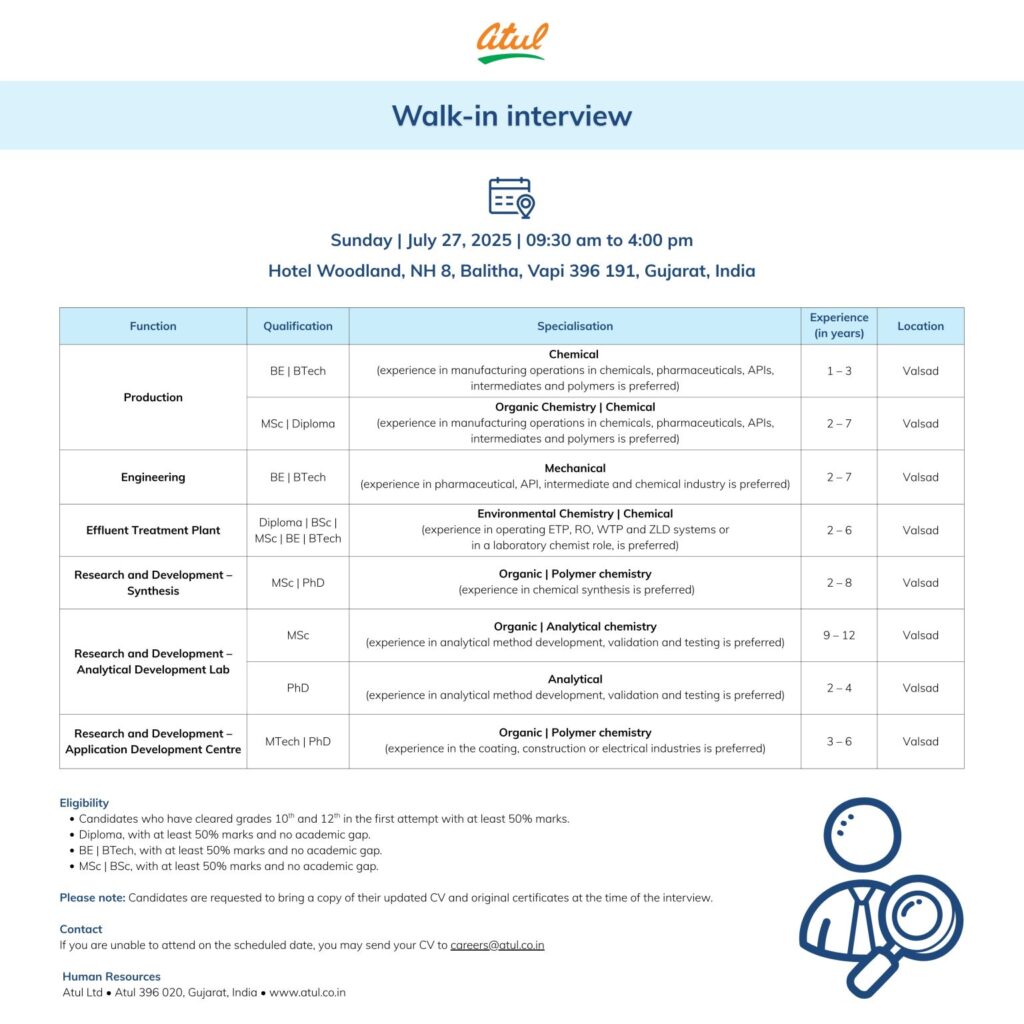 Walk-in Interviews at Atul Ltd - Hiring for Production, Engineering, R&D, ETP Walk-in Interviews at Atul Ltd - Hiring for Production, Engineering, R&D, ETP