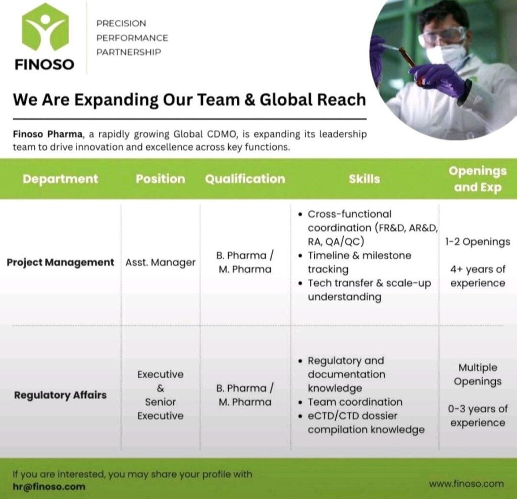 Finoso Pharma Hiring for Regulatory Affairs & Project Management (0 – 4 years exp) Finoso Pharma Hiring for Regulatory Affairs & Project Management (0 – 4 years exp)