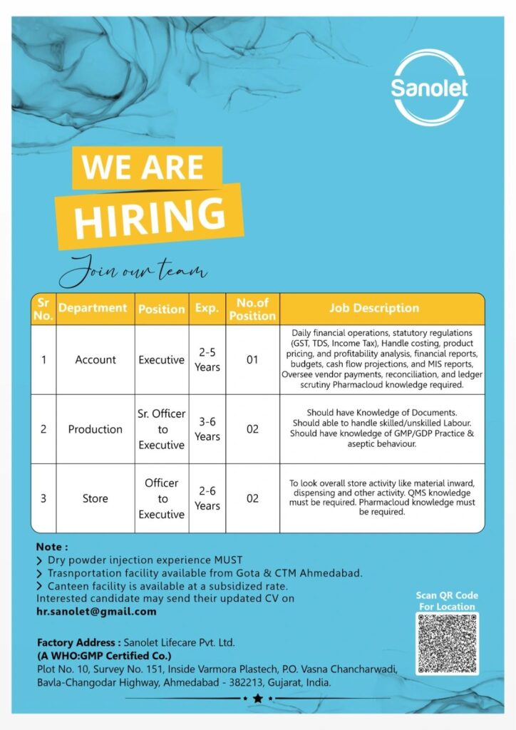Urgent Hiring for Production, Account & Store Executives at Sanolet Lifecare Urgent Hiring for Production, Account & Store Executives at Sanolet Lifecare