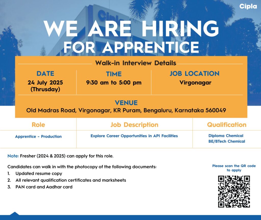 Cipla Hiring FRESHERS for Production Roles – Walk-In Interview on 24th July 2025 Cipla Hiring FRESHERS for Production Roles – Walk-In Interview on 24th July 2025