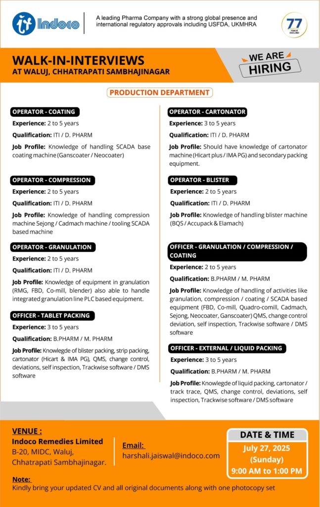 Walk-In Interviews at Indoco Remedies – Production Department Roles Walk-In Interviews at Indoco Remedies – Production Department Roles