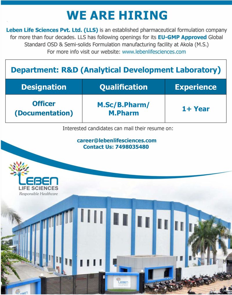 Officer – Research & Development (ADL) Job Opening at Leben Life Sciences Pvt. Ltd Officer – Research & Development (ADL) Job Opening at Leben Life Sciences Pvt. Ltd