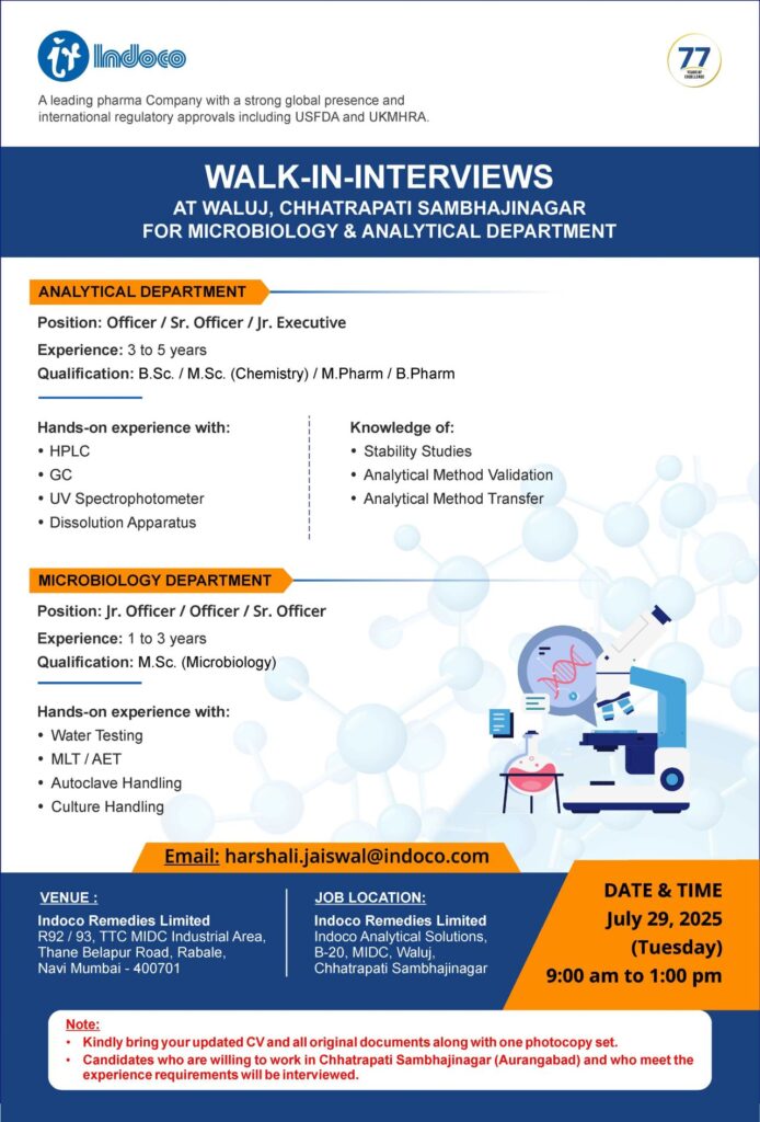 Indoco Remedies Walk-In Interviews for Microbiology & Analytical Departments – July 29, 2025 Indoco Remedies Walk-In Interviews for Microbiology & Analytical Departments – July 29, 2025