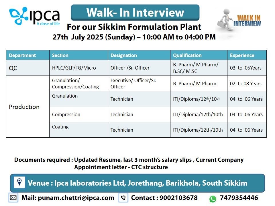 Ipca Laboratories Walk-In Drive 2025: QC & Production Jobs - Apply Now! Ipca Laboratories Walk-In Drive 2025: QC & Production Jobs - Apply Now!