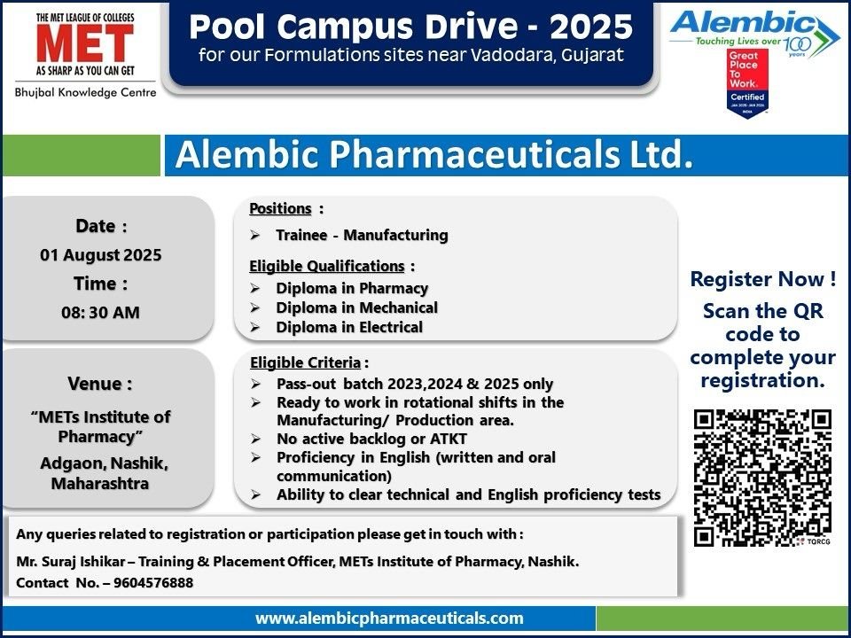 Alembic Pharmaceuticals Hiring Trainees – Pool Campus Drive 2025 at MET Institute of Pharmacy Alembic Pharmaceuticals Hiring Trainees – Pool Campus Drive 2025 at MET Institute of Pharmacy