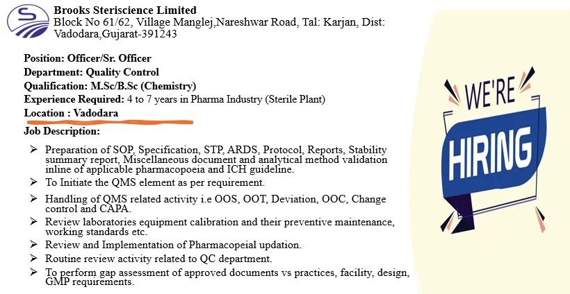 Quality Control Job Opening at Brooks Steriscience Limited Quality Control Job Opening at Brooks Steriscience Limited