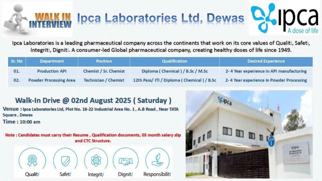 Ipca Laboratories Walk-In Drive 2025: Production & Powder Processing Jobs Ipca Laboratories Walk-In Drive 2025: Production & Powder Processing Jobs
