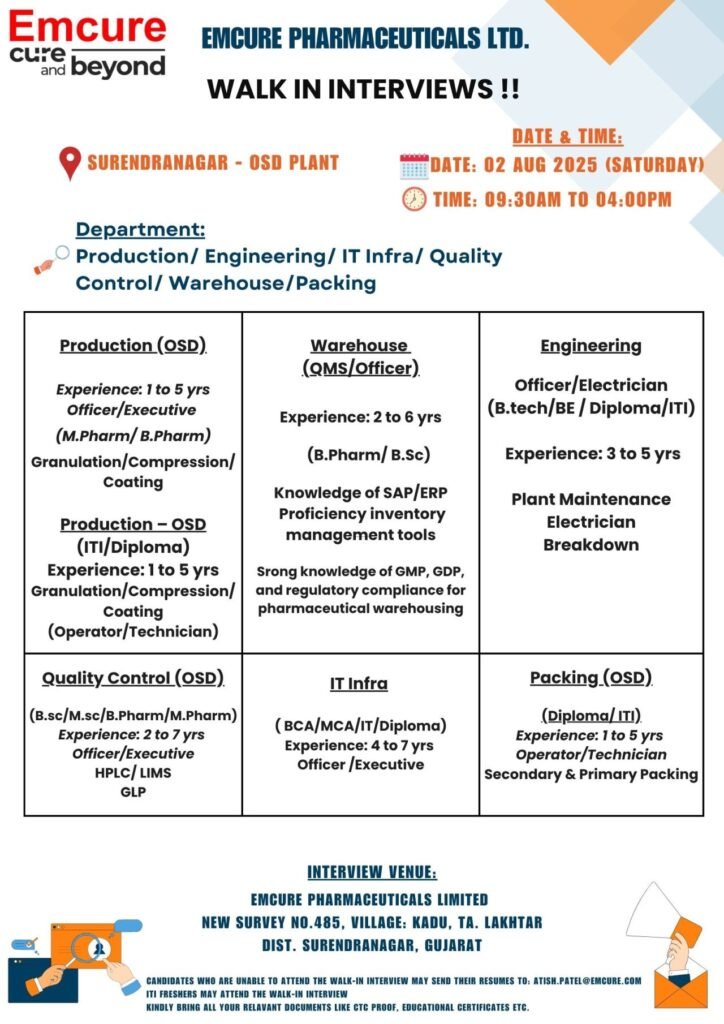 Emcure Pharma Hiring for Production, QC, Warehouse, IT Infra, Engineering, and Packing Emcure Pharma Hiring for Production, QC, Warehouse, IT Infra, Engineering, and Packing