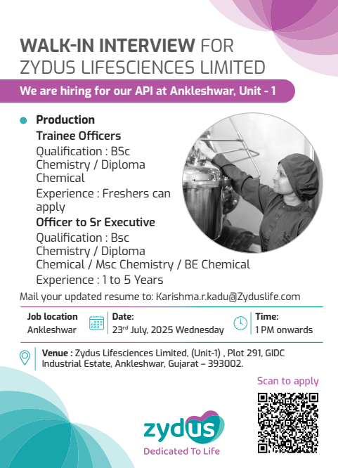 Walk-In Interview at Zydus Lifesciences Ltd – Production Roles | 0 – 5 years exp Walk-In Interview at Zydus Lifesciences Ltd – Production Roles | 0 – 5 years exp