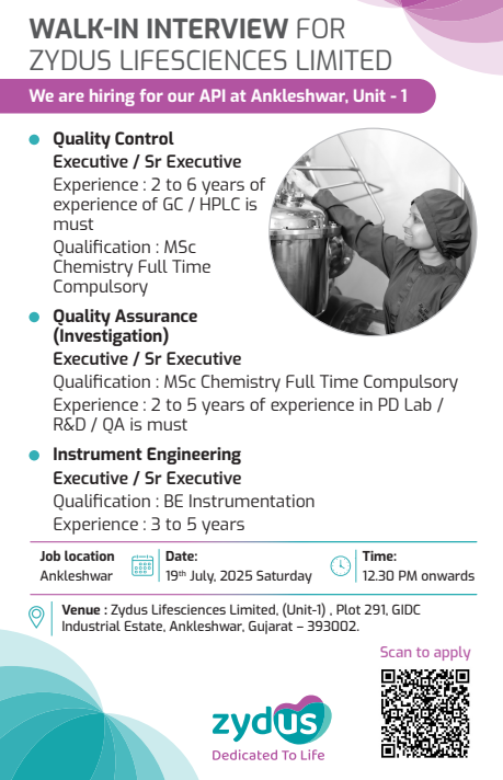 Walk-In Interview at Zydus Lifesciences Limited for QC, QA, and Instrument Engineering Roles Walk-In Interview at Zydus Lifesciences Limited for QC, QA, and Instrument Engineering Roles