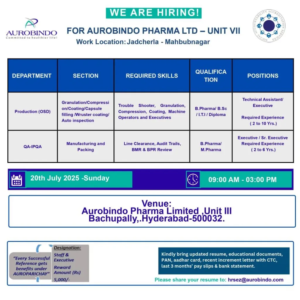 Walk-In Drive at Aurobindo Pharma for Production & QA-IPQA Roles Walk-In Drive at Aurobindo Pharma for Production & QA-IPQA Roles