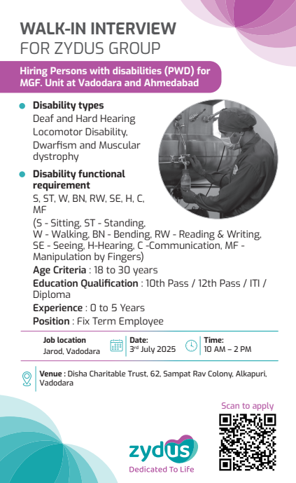 FRESHERS Walk-In Interview at Zydus Group for Manufacturing roles - 10th Pass / 12th Pass / ITI / Diploma FRESHERS Walk-In Interview at Zydus Group for Manufacturing roles - 10th Pass / 12th Pass / ITI / Diploma