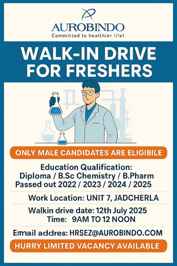 Aurobindo Pharma Walk-In Drive 2025: Production Department Jobs for Freshers Aurobindo Pharma Walk-In Drive 2025: Production Department Jobs for Freshers