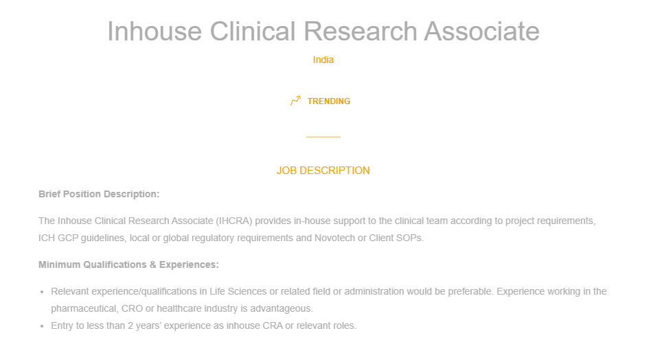In-House Clinical Research Associate (IHCRA) Job in India – Novotech Careers In-House Clinical Research Associate (IHCRA) Job in India – Novotech Careers