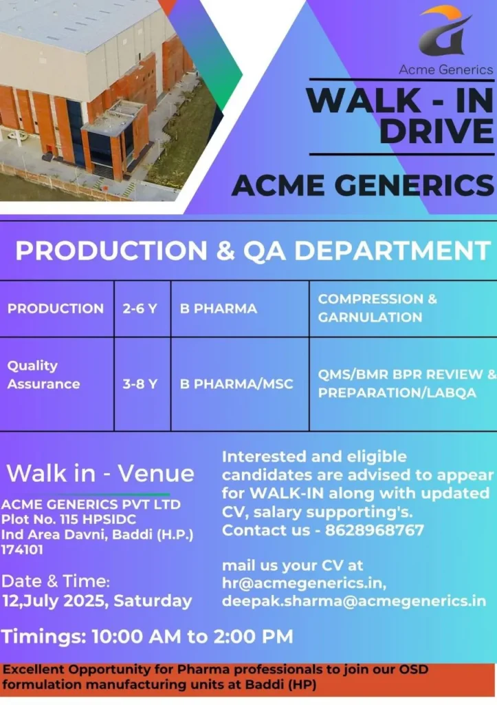 Acme Generics Walk-In Drive: Production & QA Openings – Apply Now! Acme Generics Walk-In Drive: Production & QA Openings – Apply Now!