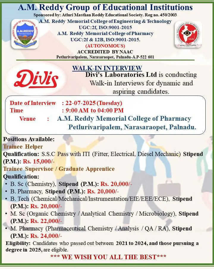 Divis Laboratories Ltd Walk-In Drive 2025: Fresher Jobs in Production (B.Sc/ M.Sc/ B.Pharm/ M.Pharm) Divis Laboratories Ltd Walk-In Drive 2025: Fresher Jobs in Production (B.Sc/ M.Sc/ B.Pharm/ M.Pharm)