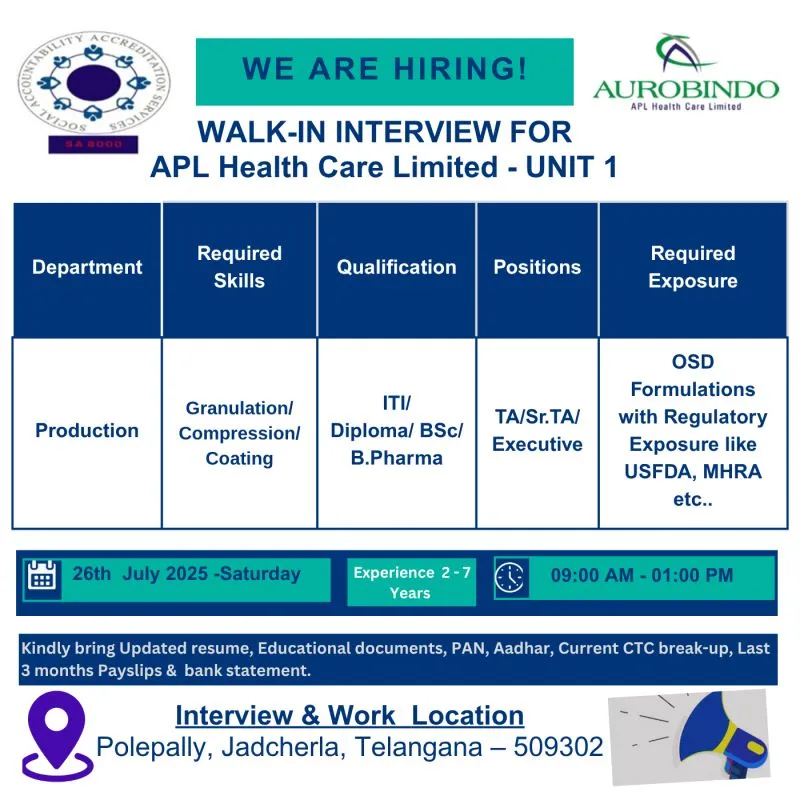 Production Department Roles at APL Healthcare Limited – Walk-In Interview Production Department Roles at APL Healthcare Limited – Walk-In Interview
