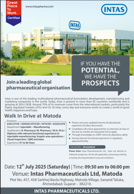 Intas Pharmaceuticals Walk-In Drive 2025: Multiple Vacancies in Injectable Manufacturing Intas Pharmaceuticals Walk-In Drive 2025: Multiple Vacancies in Injectable Manufacturing