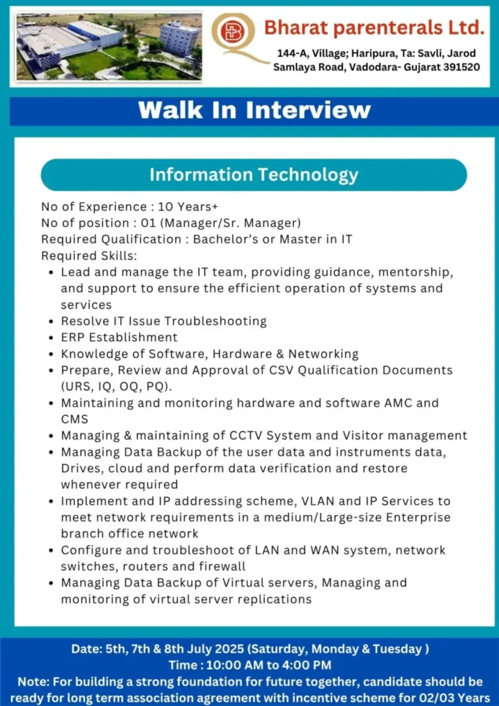 Walk-In Drive for Production, QA, QC, Regulatory Affairs, IT, IBD, Purchase, Formulation, F&E, Tech at Bharat Parenterals Walk-In Drive for Production, QA, QC, Regulatory Affairs, IT, IBD, Purchase, Formulation, F&E, Tech at Bharat Parenterals