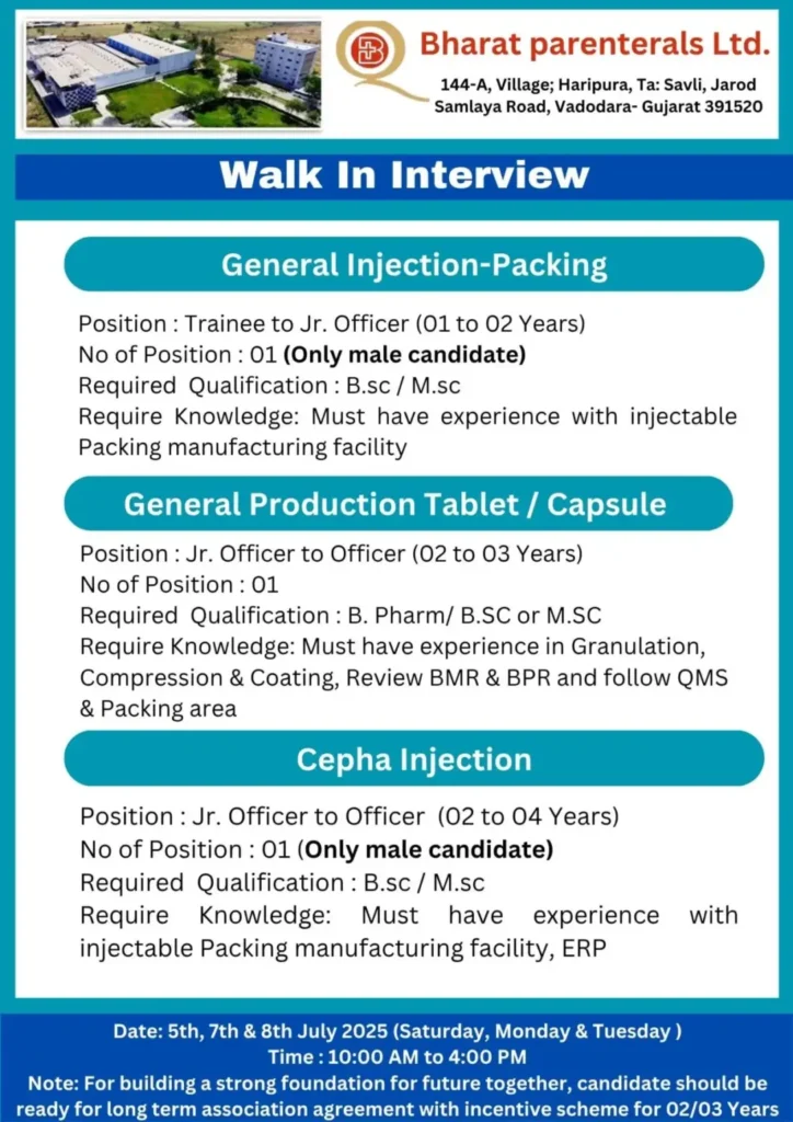 Walk-In Drive for Production, QA, QC, Regulatory Affairs, IT, IBD, Purchase, Formulation, F&E, Tech at Bharat Parenterals Walk-In Drive for Production, QA, QC, Regulatory Affairs, IT, IBD, Purchase, Formulation, F&E, Tech at Bharat Parenterals
