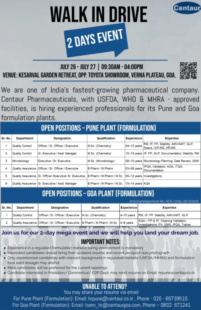 Centaur Pharmaceuticals Walk-in Drive: Quality Control, QA & Microbiology Jobs (2025) Centaur Pharmaceuticals Walk-in Drive: Quality Control, QA & Microbiology Jobs (2025)