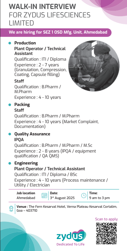 Zydus Lifesciences Walk-In Drive 2025: Production, Packing, QA & Engineering Roles Zydus Lifesciences Walk-In Drive 2025: Production, Packing, QA & Engineering Roles