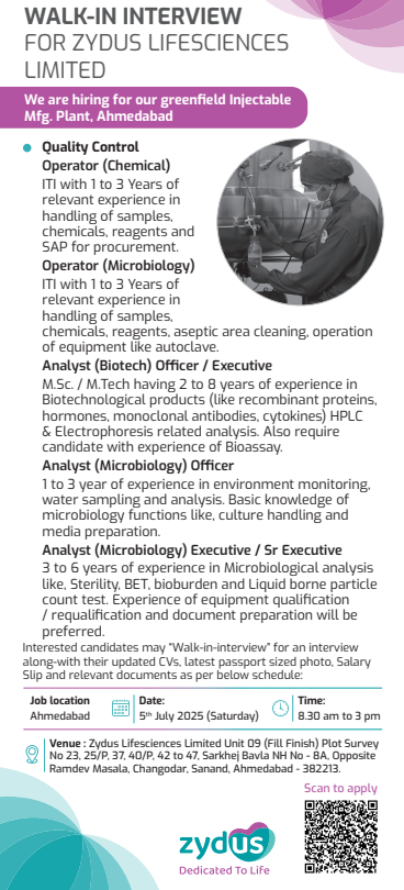Walk-In Interview at Zydus Lifesciences for Quality Control (Chemical/ Microbiology/ Biotech) on 5th July 2025 Walk-In Interview at Zydus Lifesciences for Quality Control (Chemical/ Microbiology/ Biotech) on 5th July 2025
