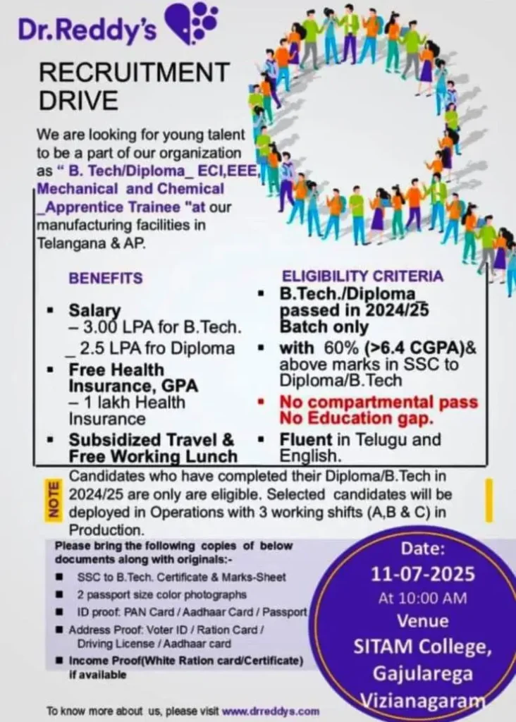 Dr. Reddy’s Walk-In Drive 2025 – B.Tech / Diploma Apprentice Trainees for FRESHERS | Apply Now! Dr. Reddy’s Walk-In Drive 2025 – B.Tech / Diploma Apprentice Trainees for FRESHERS | Apply Now!