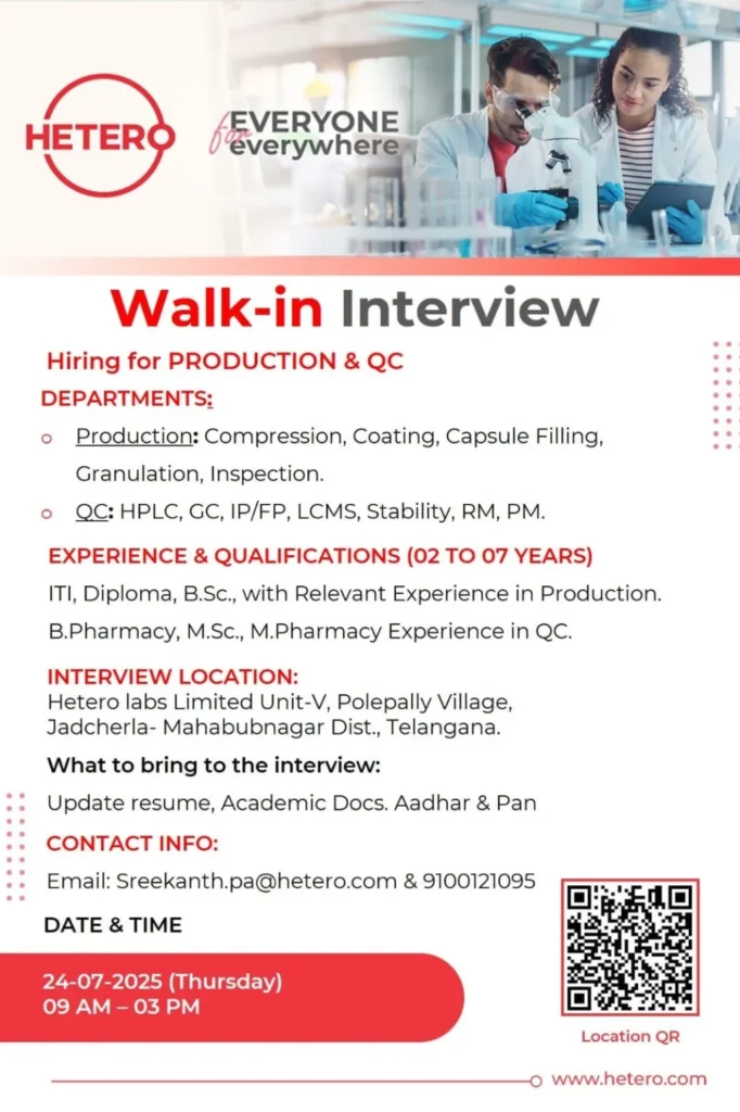 Hetero Labs Walk-In Drive 2025: Production & QC Openings | Attractive Joining Bonus Hetero Labs Walk-In Drive 2025: Production & QC Openings | Attractive Joining Bonus