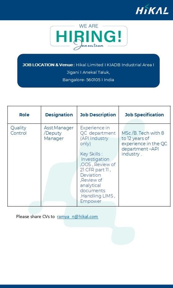 Quality Control Assistant/ Deputy Manager – API Industry | Hikal Limited Quality Control Assistant/ Deputy Manager – API Industry | Hikal Limited