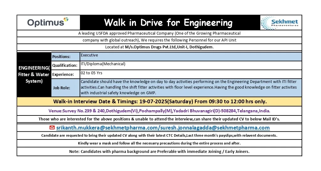 Walk-In Interview for Engineering Positions (Fitter & Water System) at Optimus Drugs Pvt. Ltd Walk-In Interview for Engineering Positions (Fitter & Water System) at Optimus Drugs Pvt. Ltd