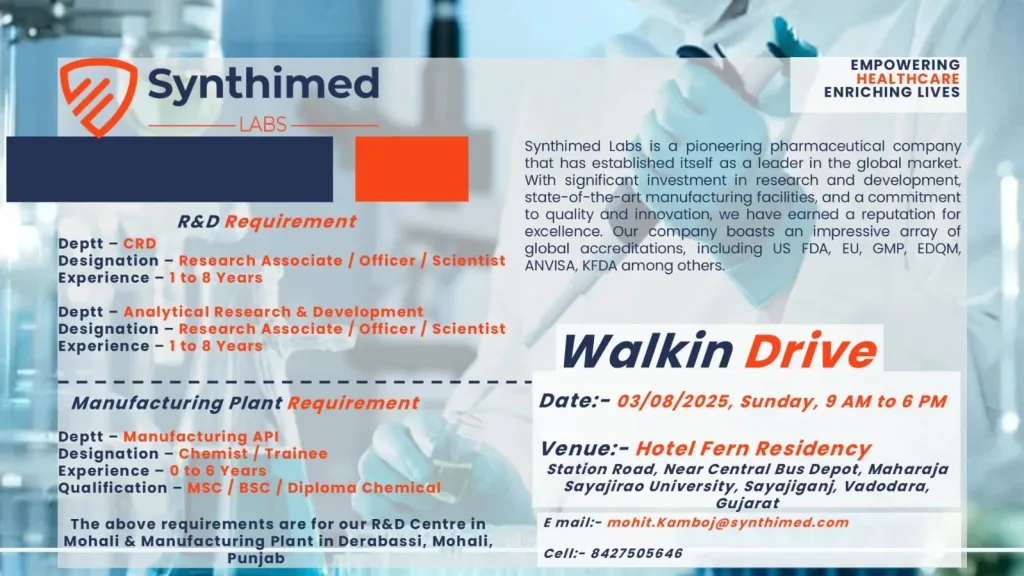Walk-In Drive at Synthimed Labs Hiring Freshers & Experienced for Manufacturing, AR&D, CRD Walk-In Drive at Synthimed Labs Hiring Freshers & Experienced for Manufacturing, AR&D, CRD