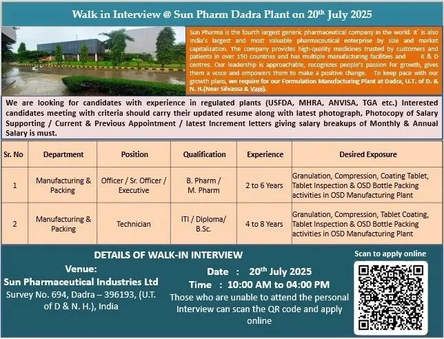 Sun Pharma Walk-In Drive: Hiring for OSD Manufacturing & Packing Roles Sun Pharma Walk-In Drive: Hiring for OSD Manufacturing & Packing Roles