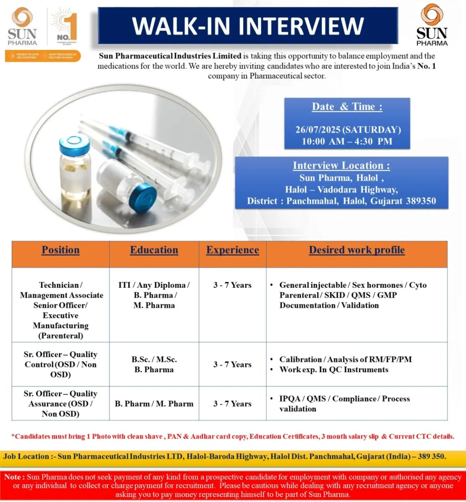 Latest Pharma Jobs at Sun Pharma – Apply for QA / QC & Manufacturing Roles Latest Pharma Jobs at Sun Pharma – Apply for QA / QC & Manufacturing Roles