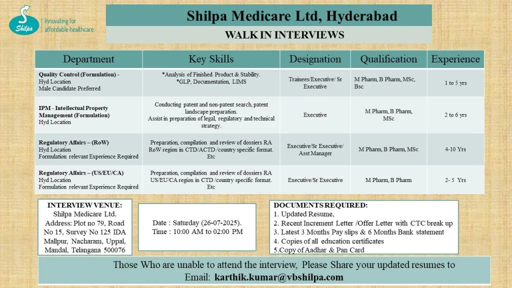 Shilpa Medicare Ltd. – QC, Regulatory Affairs & IPM Openings – Apply Now! Shilpa Medicare Ltd. – QC, Regulatory Affairs & IPM Openings – Apply Now!