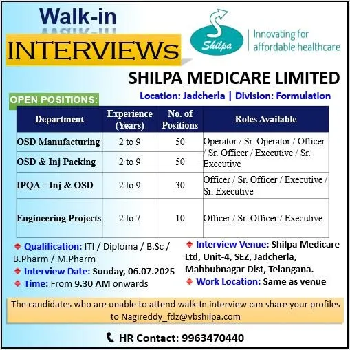 140 Openings for Manufacturing / Packing / IPQA / Engineering at Shilpa Medicare Limited on 06-July-2025 140 Openings for Manufacturing / Packing / IPQA / Engineering at Shilpa Medicare Limited on 06-July-2025