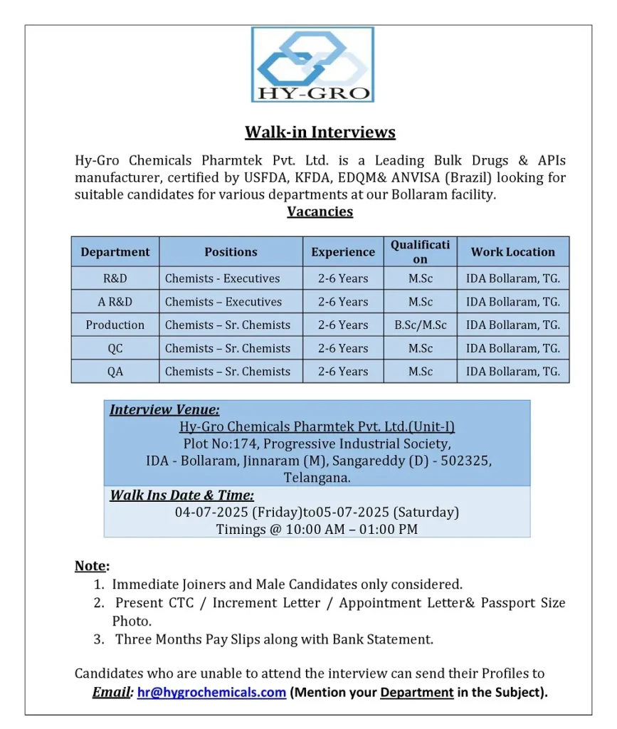 HY-GRO Chemicals Hiring for Production / QC / QA / AR&D / R&D on 04-05 July 2025 HY-GRO Chemicals Hiring for Production / QC / QA / AR&D / R&D on 04-05 July 2025