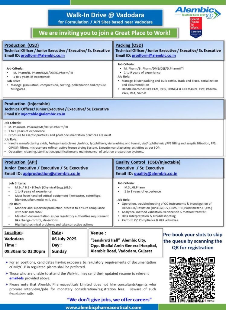 Alembic Pharma Vacancies 2025 For Packing, QC, Production (Injectable / OSD / API) Alembic Pharma Vacancies 2025 For Packing, QC, Production (Injectable / OSD / API)