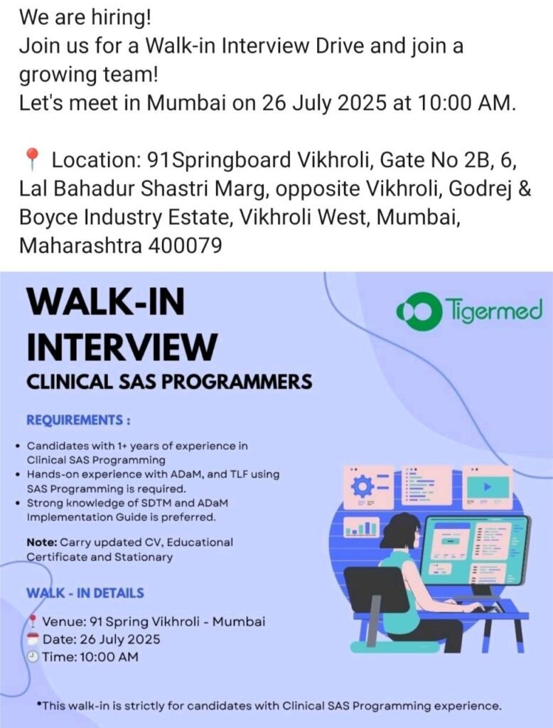 Walk-In Interview for Clinical SAS Programmers in Mumbai – 26 July 2025 | Tigermed Hiring Walk-In Interview for Clinical SAS Programmers in Mumbai – 26 July 2025 | Tigermed Hiring