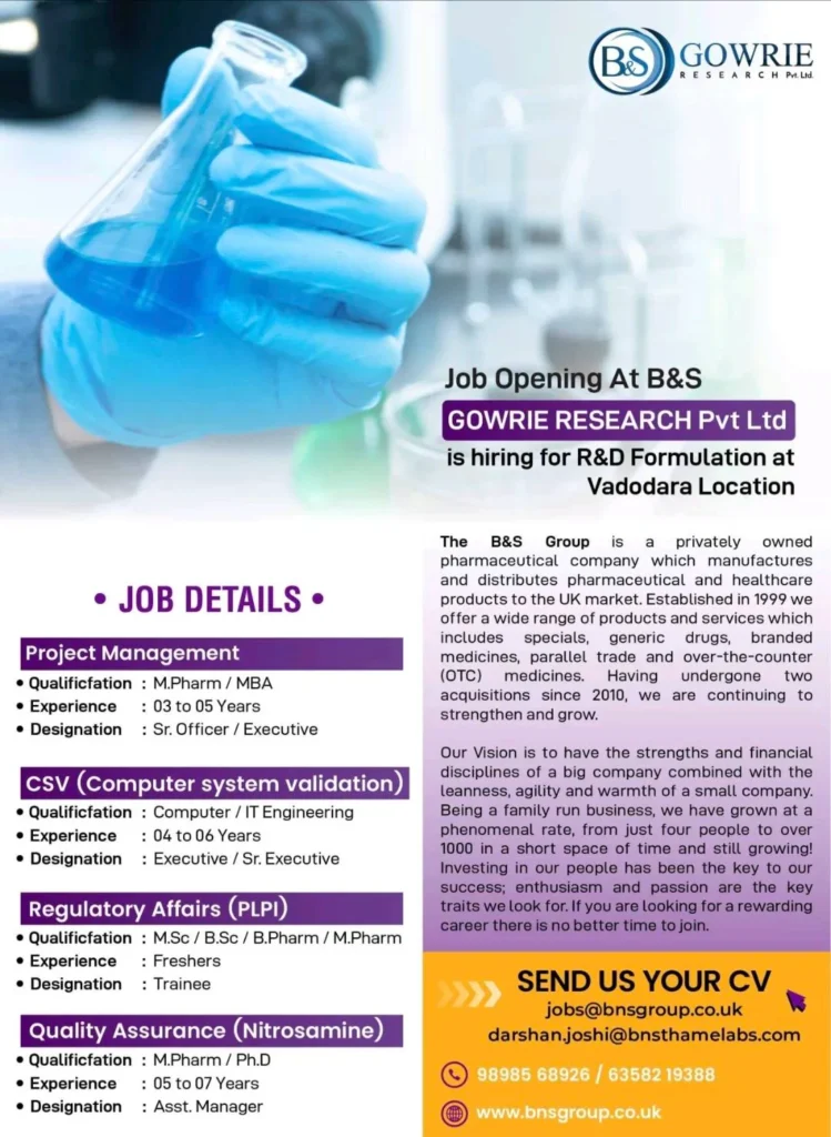 B&S Gowrie Research Hiring for Formulation, Regulatory & QA Roles – Apply Now! B&S Gowrie Research Hiring for Formulation, Regulatory & QA Roles – Apply Now!