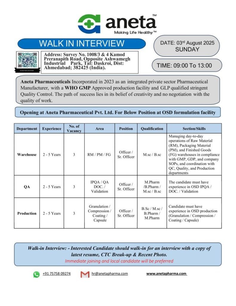 Walk-In Interview at Aneta Pharmaceuticals – Warehouse, QA & Production Openings Walk-In Interview at Aneta Pharmaceuticals – Warehouse, QA & Production Openings