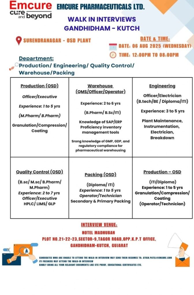 Emcure Pharmaceuticals Hiring for Production/ Engineering/ QC/ Warehouse/ Packing Emcure Pharmaceuticals Hiring for Production/ Engineering/ QC/ Warehouse/ Packing