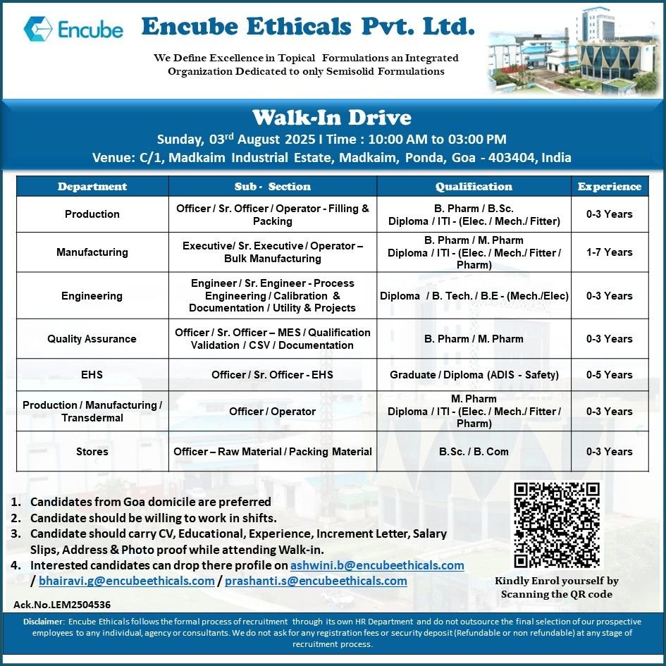 Encube Ethicals Hiring for Production, Manufacturing, Engineering, QA, EHS, Stores Encube Ethicals Hiring for Production, Manufacturing, Engineering, QA, EHS, Stores