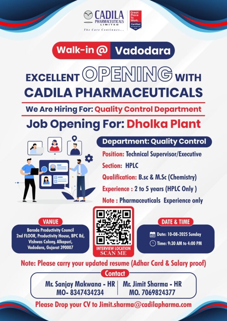 Walk-In Interview for Quality Control Department at Cadila Pharmaceuticals Walk-In Interview for Quality Control Department at Cadila Pharmaceuticals