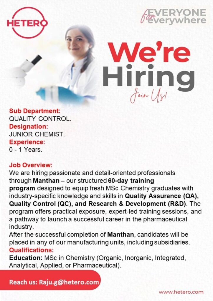 Hetero Labs Hiring for QC, QA, R&D Job Opening | 0–1 years Exp Hetero Labs Hiring for QC, QA, R&D Job Opening | 0–1 years Exp