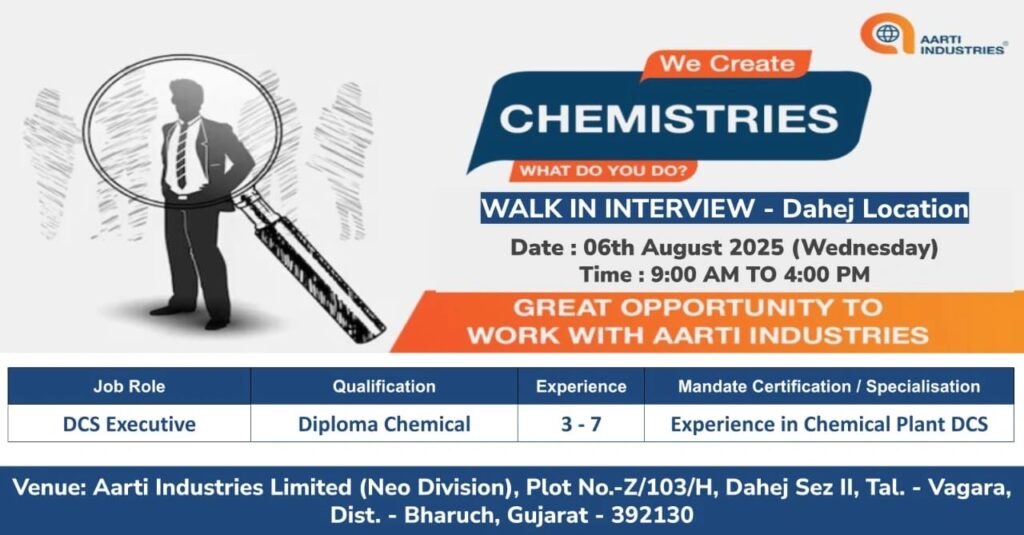 Aarti Industries Hiring for Chemist DCS Executive Job - Diploma Chemical Aarti Industries Hiring for Chemist DCS Executive Job - Diploma Chemical