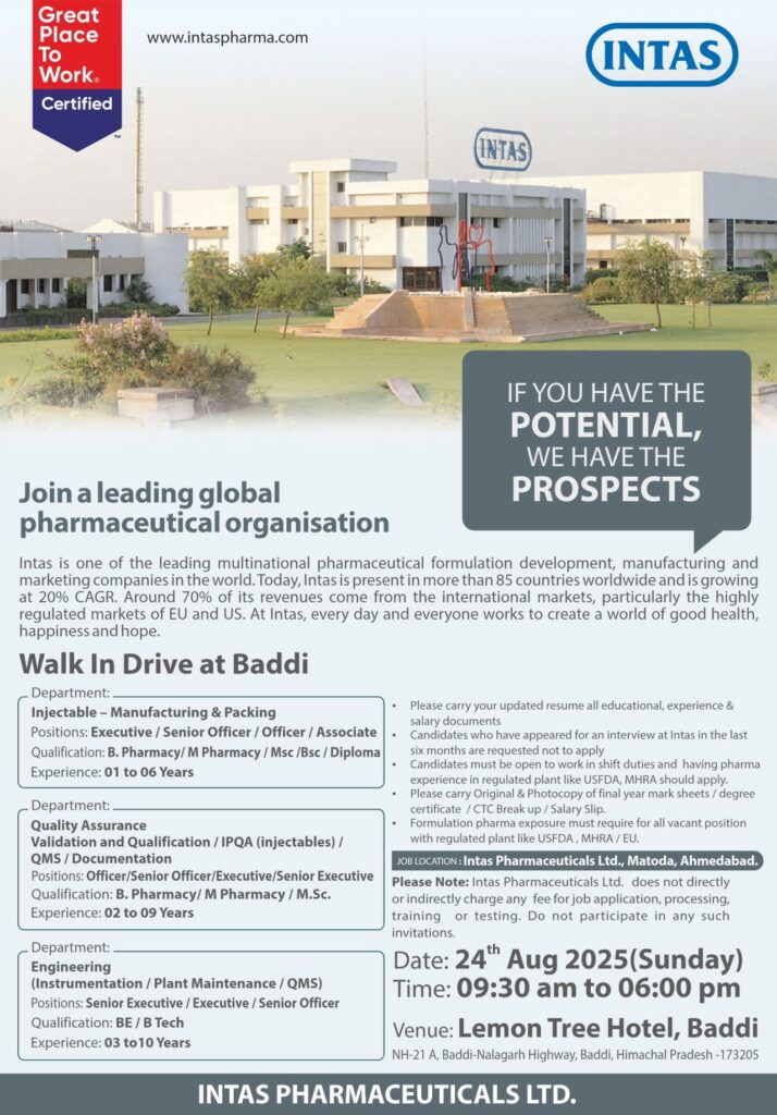 Intas Pharmaceuticals Hiring for Manufacturing & Packing, QA, Engineering Intas Pharmaceuticals Hiring for Manufacturing & Packing, QA, Engineering