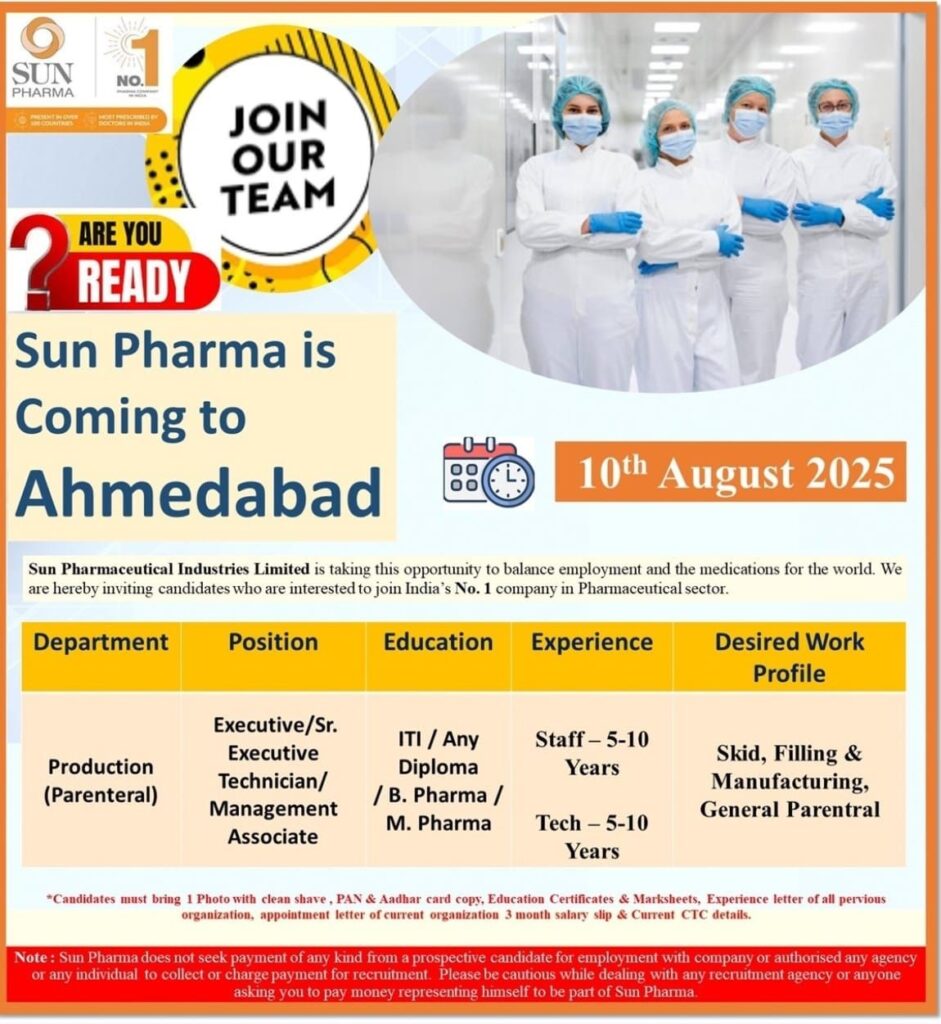 Sun Pharmaceutical Hiring for ITI, Any Diploma, B. Pharma, or M. Pharma - Production Sun Pharmaceutical Hiring for ITI, Any Diploma, B. Pharma, or M. Pharma - Production